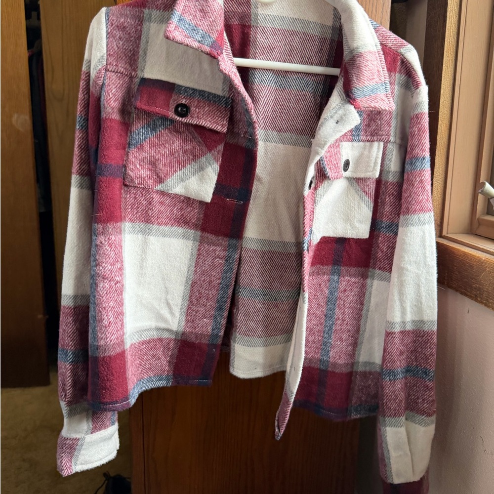 Zeagoo Burgundy and Cream Plaid Utility Jacket